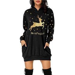 Damen Weihnachtspullover Kleid Hoodie Langarm Sweatshirts Kapuzenpullover Tops Mini Pullover Kleid Weihnachtskleid Weihnachten Blusenkleider Herbst Winter Schmaler Rock (Schwarz-1,2XL) von XINGENG