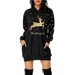 Damen Weihnachtspullover Kleid Hoodie Langarm Sweatshirts Kapuzenpullover Tops Mini Pullover Kleid Weihnachtskleid Weihnachten Blusenkleider Herbst Winter Schmaler Rock (Schwarz-1,L) von XINGENG
