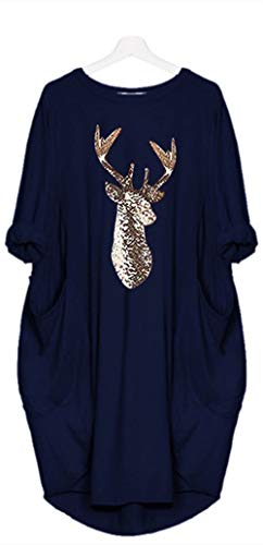 Weihnachtskleid Damen Große Größen Pailletten Glitzer 3D Optiken Weihnachten Jumperkleid mit Rentier Gedruckt Goldene Weihnachten Sweatkleider Damen Ausgestellte Minikleid Christmas (Blau,3XL) von XINGENG