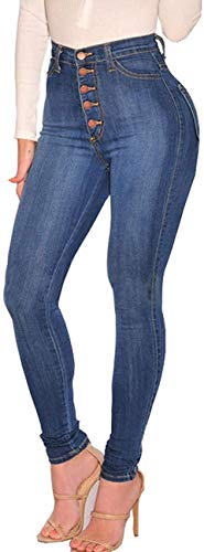 XINGENG Damen Jeans Skinny High Waist Stretch Button Bleistift Jeanshosen Große Größen (Dunkel Blau,XL) von XINGENG