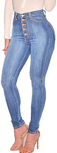 XINGENG Damen Jeans Skinny High Waist Stretch Button Bleistift Jeanshosen Große Größen (Hell Blau,L) von XINGENG