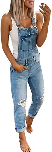 XINGENG Jeanslatzhose Damen Latzhose Jeans Lange Hose Denim Overall Jumpsuit Playsuit Jeans Vintage Loose Fit Hoseanzug Romper (Blau, S) von XINGENG