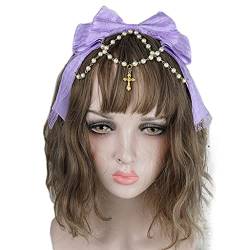 XINGLIDA Haarband, Spitzenschleifen, Kopfschmuck, mehrschichtige Spitzenschleife mit Perlenkette, große Schleife, Stirnband, Dienstmädchen, Anime, Haarschmuck (A8#) von XINGLIDA