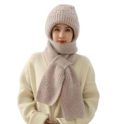 XINHU Integrierter Ohrenschutz, winddichter Mützenschal, 2 in 1 Winter warm gestrickt Mütze Schal (Beige, Einheitsgröße) von XINHU