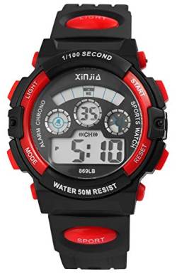XINJIA Herrenuhr Schwarz Rot Digital Datum Alarm Licht Kunststoff Silikon Quarz Damenuhr Armbanduhr von XINJIA