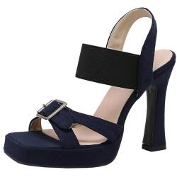 XINXINIO Damen Plateau Slip-On Kleid Schuhe Quadratische Sandalen mit Offener Zehe und Absatz (Blau,34) von XINXINIO