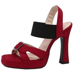 XINXINIO Damen Plateau Slip-On Kleid Schuhe Quadratische Sandalen mit Offener Zehe und Absatz (Rot,48) von XINXINIO