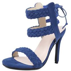 XINXINIO Damen Schnürsenkel Stiletto Heel Sandalen Elegante Anzugschuhe (Blau,46) von XINXINIO