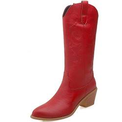 XINXINIO Damen Slip-on Lange Westernstiefel Bestickte Cowboy Kniehohe Stiefel mit Blockabsatz (Rot, 36) von XINXINIO