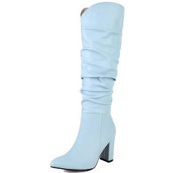 XINXINIO Damen Spitze Zehen Kniehohe Reißverschluss Stiefel Block Absatz Westernstiefel (Blau,41) von XINXINIO