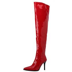 XINXINIO Damenmode Einfarbig Lange Stiefel Stiletto Overknee Stiefel mit Reißverschluss (Rot,37) von XINXINIO