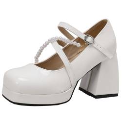 XINXINIO Mary Jane Schuhe für Damen mit Absatz Klobiger Absatz Pumps mit Perlen (Weiß,45) von XINXINIO