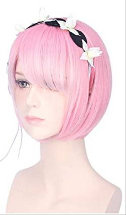 35CM Ram Rem Cosplay Wigs Short Heat Resistant Bob Hair Re Zero Kara Hajimeru Isekai Seikatsu with Adornment Pink von XINYIYI