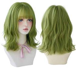 7JHH WIGS Olive Green Deep Wave Wig With Bangs For Women Party Delicate Cosplay Heat Resistant Synthetic Mid-length Female Wig von XINYIYI