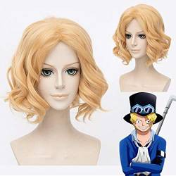 Anime One Piece Sabo Cosplay Wig 30cm Golden Curly Synthetic Hair Heat Resistance Fiber + Wig Cap von XINYIYI