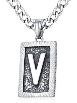 XIRUVE Herren Damen Edelstahl Buchstabe A bis Z Viereck Retro Stil Anhänger Initiale Halskette mit 6mm breite Panzerkette Länge Verstellbar V von XIRUVE