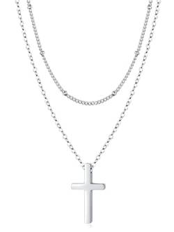 XIRUVE Länge Verstellbar Damen Edelstahl Kreuz Anhänger Layered Doppel Kugelkette Kette Halskette Set von XIRUVE