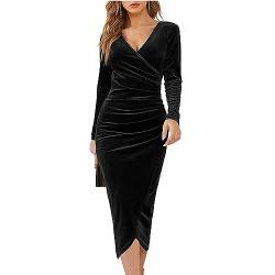 XIVISTO Damen Lange Samtkleid Langarm V-Ausschnitt Bodycon Kleid Elegant Abendkleid Vintage Party Cocktailkleid für Herbst Winter von XIVISTO