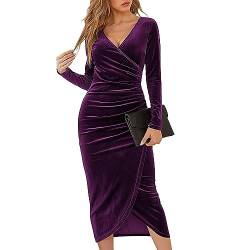 XIVISTO Damen Lange Samtkleid Langarm V-Ausschnitt Bodycon Kleid Elegant Abendkleid Vintage Party Cocktailkleid für Herbst Winter von XIVISTO