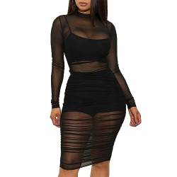 XIVISTO Damen Mesh Kleid Sexy Bodycon Transparent Tüll Partykleid Lange Ärmel Minikleid Mesh Wickelkleid 3 Stück Outfits mit Shorts von XIVISTO