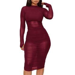 XIVISTO Damen Mesh Kleid Sexy Bodycon Transparent Tüll Partykleid Lange Ärmel Minikleid Mesh Wickelkleid 3 Stück Outfits mit Shorts von XIVISTO