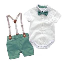 XIXIMAON Baby Jungen Anzug Gentleman 2pcs Kleidung Set Neugeborene Bekleidungssets Sommer Kurzarm Strampler Hemd Body mit Fliege + Hosenträger Shorts für Taufe Hochzeit Festliche (Grün, 12-18 Monate) von XIXIMAON