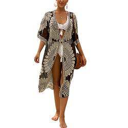 XIXIMAON Bade Cardigan DamenCover Up Kimono Lange Strand Kleid Häkeln Strickjacke Blumen zum Schnüren (Schwarz Beige, Einheitsgröße) von XIXIMAON