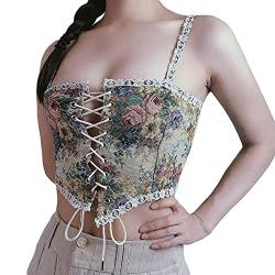 XIXIMAON Frauen Spitze Retro Korsett Bustier Tie Up Front Vintage Blumendruck Crop Dessous Stickerei Overbust Korsett Top, mehrfarbig, 38 von XIXIMAON