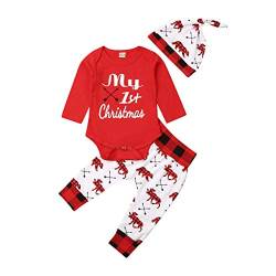 XIXIMAON Neugeborenes Baby Jungen Mein Erstes Weihnachten 2 Stück Set Weihnachten Outfits Langarm Body Strampler Weihnachtsmann-Print Streifen/Plaid/Bären Print Hose Hut (Rot 3, 0-3 Monate) von XIXIMAON