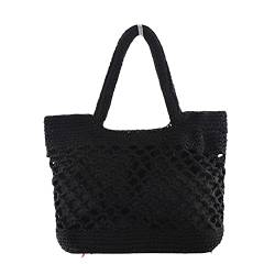 XLHH Damen Stroh Handtasche Tote, Sommer Strand Tasche Mehrfarbig Schultertasche mit Ledergriffe Henkeltasche Crossbody Einkaufstasche Basttasche (Schwarz) von XLHH