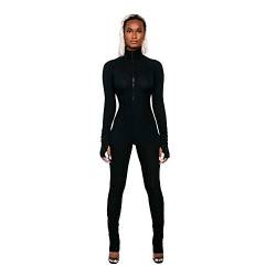 XLLAIS Damen Jumpsuit mit hohem Halsausschnitt, gerafft, figurbetont, mit Daumenloch - Schwarz - Groß von XLLAIS