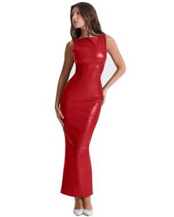 XLLAIS Damen Kunstleder Bodycon Maxikleid Sexy U-Boot-Ausschnitt Tank Lange Kleider, Rot/Ausflug, einfarbig (Getaway Solids), Groß von XLLAIS