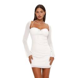 XLLAIS Damen Lange Puffärmel Mini Bodycon Mesh Kleid Split Hem Sexy Party Clubwear, White1, Klein von XLLAIS