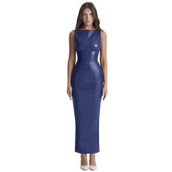 XLLAIS Damen-Maxikleid aus Kunstleder, figurbetont, sexy U-Boot-Ausschnitt, Tanktop, langes Kleid, Blau, XX-Large von XLLAIS