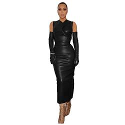 XLLAIS Party-Lederkleid für Damen, sexy, Rundhalsausschnitt, ärmellos, figurbetont, Maxikleid, lange Kleider, Schwarz, X-Groß von XLLAIS