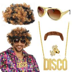 5er Perücke Kostüm Set, Hippie Perücke Herren, Afro Perücke Blond Mix Schwarz Sonnenbrille Halskette Schnurrbart Ring, 70er 80er Jahre Perücke Disco Hippie Kostüm Set von XLZJYIJ