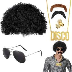 6er Perücke Kostüm Set, Hippie Perücke Herren, Afro Perücke Schwarz Sonnenbrille Halskette Schnurrbart Ring, 70er 80er Jahre Perücke Disco Hippie Kostüm Set von XLZJYIJ