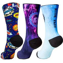 XMTBSTYLE Socken für Mountainbike, Radfahren, Straße, Enduro, DH XC, Crossfit, atmungsaktiv, Herren, Sport, bequem, lustig, Comic Neon Blau, 42-45 von XMTBSTYLE