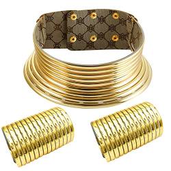 African National Halsbänder Gold Leder Chunky Punk Halskette Gothic Statement Halsketten Schmuck Frauen Mädchen Perlenarmband Set (Khaki, One Size) von XNBZW