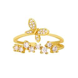 Damenmode-Ring offen verstellbare Ringe Zirkonia Versprechen Ringe für sie kreative Geschenke für den Alltag Ringe doppelter Schmetterlingsring Granat Ringe (Rose Gold, One Size) von XNBZW