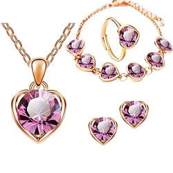 Stellen Sie Kristallarmband-Stück-Herz-Vier Halsketten-Ohrring-Ring-Modeschmuck-Sets EIN Schmuckdose Für Mädchen (Red, One Size) von XNBZW