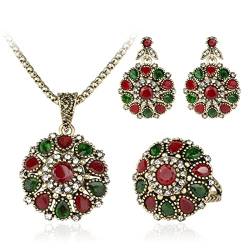 XNBZW 3Pcs Jewelry Sets Ethnic Bride Crystal Flower Antique Gold Color Necklace Earrings Ring Sets for Women Boho Jewelry Rose Paperclip Necklace, blau, 34, Antike, böhmische von XNBZW