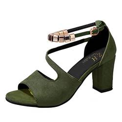 XNBZW Damen Schnallenriemen Blockabsatz Sandalen Perlen Fischmaul High Heels Sommer Lässige Knöchelriemen Sandalen Pumps Boho Schuhe Damen Sandalen Schwarz Absatz (Army Green, 39) von XNBZW