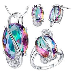 XNBZW Sieben Regenbogen Zirkon Frauen Modetrend Voller Zirkon Ring Ohrringe Halskette Damen Schmuck Set Ringe Für Frauen Größe 6 10 Ketten Echt (Multicolor, 8) von XNBZW