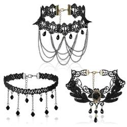 XNIVUIS 3 Stück Choker Halskette Set Spitzen Choker Halsketten Set für Damen, Choker Halsband Gothic Halskette Set, Kette Damen Vintage Halsband Lolita Kostüm Zubehör für Damen und Mädchen (Schwarz) von XNIVUIS