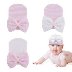 XNIVUIS 3 Stück Neugeborene Mütze, Niedliche Dehnbarkeit Weiche Baby Turban Hüte mit Schleife, Baby Mütze Mädchen Strickmütze Kinder Wintermütze, Mützen für Baby, Einheitsgröße (Rosa) von XNIVUIS