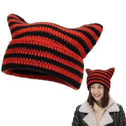 XNIVUIS Beanie Mütze für Damen,handgefertigh gestrickt mit Katzenohren, für Winter warm elastisch lockere Vintage-Gothic-Mützen, Trendige Strickmütze für Erwachsene und Kinder (Baumwolle, Rot) von XNIVUIS