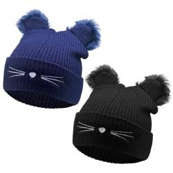 XNIVUIS Schwarz Blau Cat Beanie,Damen Mütze Katzenohren,Wintermütze mit Katzenohren Strickmütze,Weiche Beanie Winter für Mädchen Damen Geschenke,Geschenke für Katzenliebhaber(2 Stück) von XNIVUIS