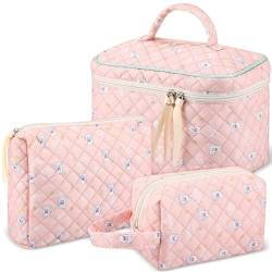 3 Stück Make Up Tasche, Reise Kosmetiktasche, Gesteppte Kulturtasche Damen, Kulturbeutel Make Up Tasche Baumwolle, Reisen Kulturtasche Für Damen Mädchen (Rosa) von XNSHUN