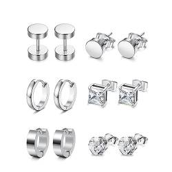 XOEMEL 6 Paar Ohrringe Set für Herren Hypoallergen Ohrstecker Chirurgenstahl Ohrstecker Schwarz Ohrringe für Mehrere Ohrlöcher Zirkonia Creolen Ohrstecker Set Tragus piercing Silber für Herren Damen von XOEMEL